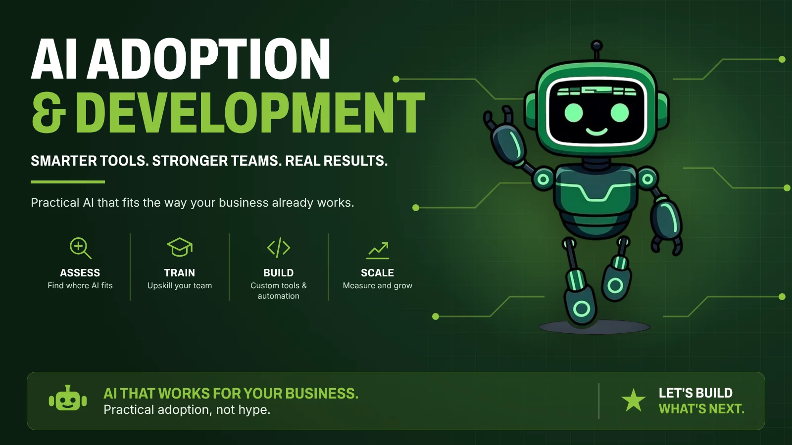AI Adoption & Development: Assess, Train, Build, Scale. The Built Different robot mascot beside circuit lines.